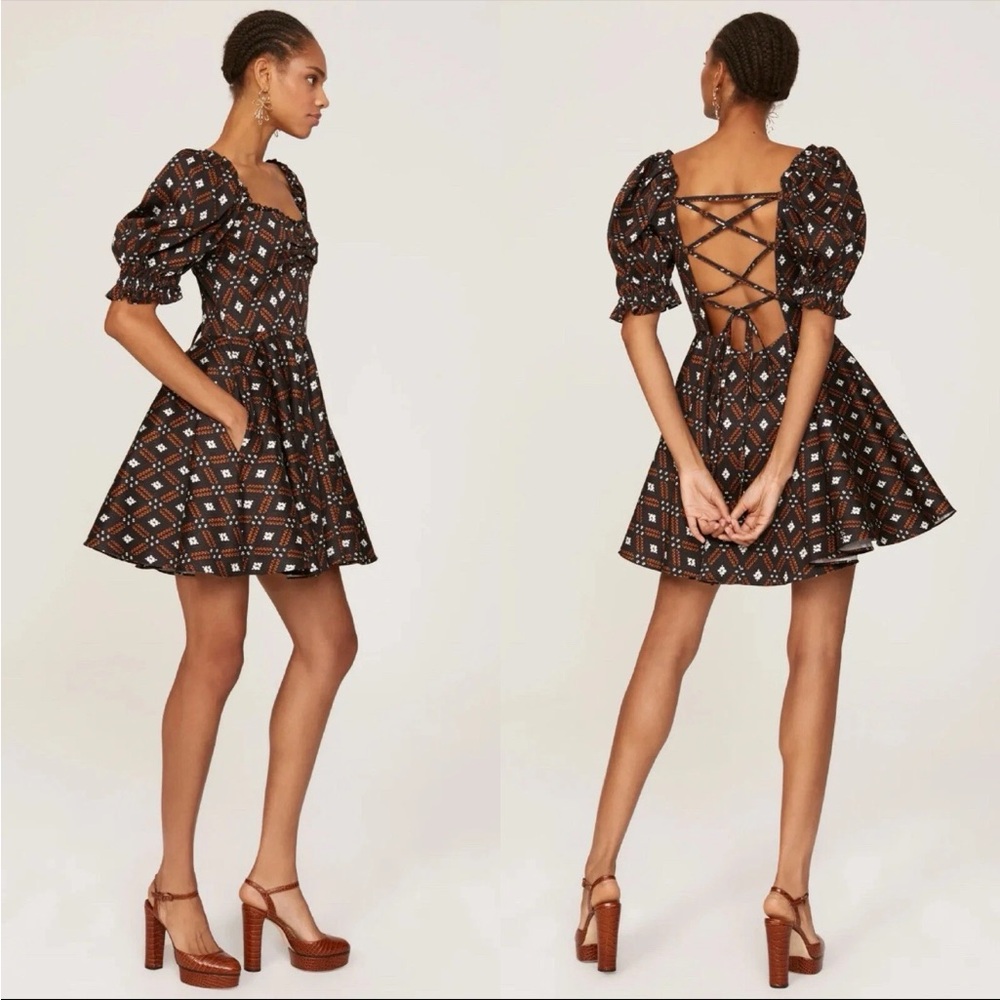 Autumn Adeigbo Camille Diamond Print Puff Sleeve Tie Back Mini Dress size 4